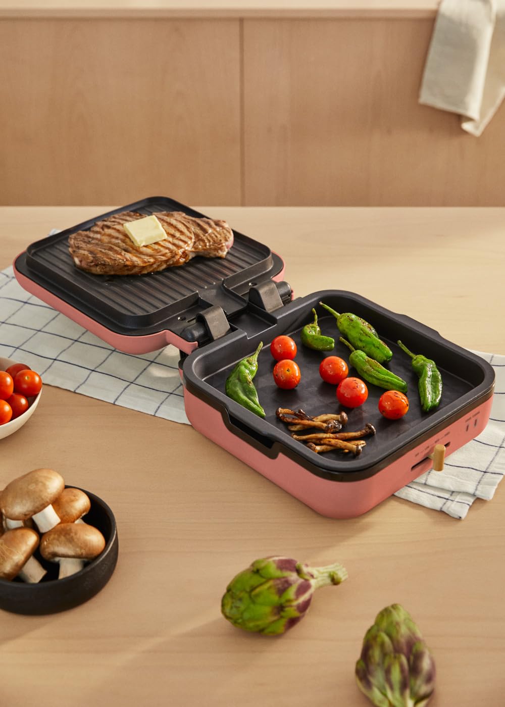 CREATE/STONE STUDIO PRO/Grill multifunzione con apertura 180º terracotta/Controllo temperatura, rivestimento antiaderente, vaschetta raccogligocce, manico a tocco freddo, 1400W