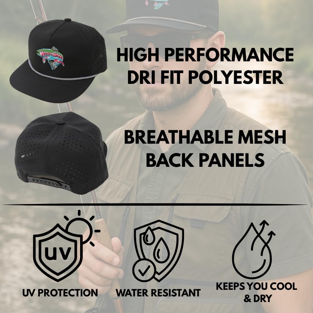 Trout Hat for Men - Dri-Fit Snapback Fishing Cap with Embroidered Rainbow Trout - Performance Laser Back Hat - Image 5