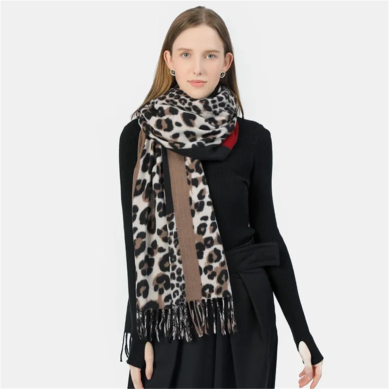 Sciarpa invernale da donna con stampa leopardata, scialle lungo addensato caldo con frange, avvolgente alla moda di lusso 70 * 200 cm(Blue)