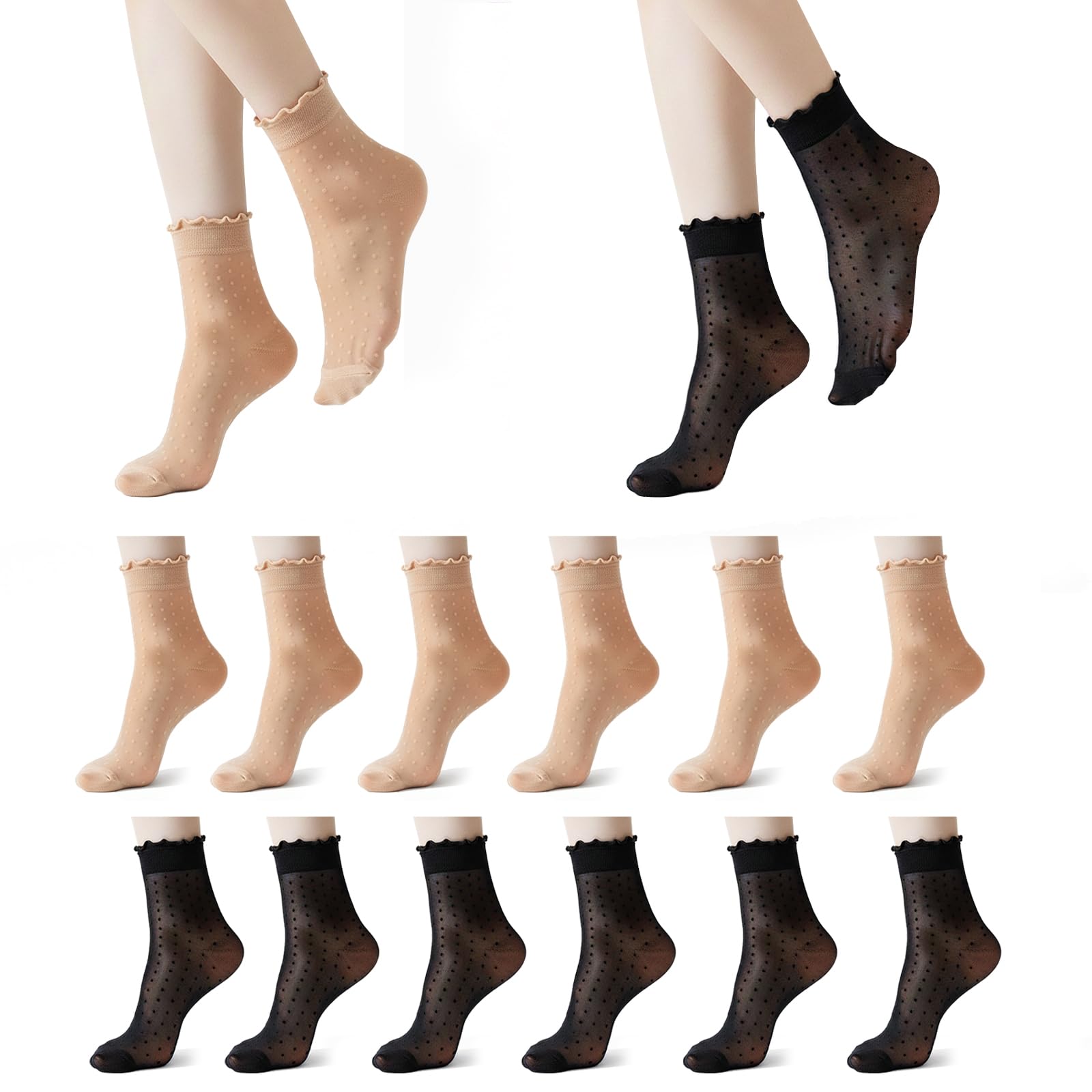 MKEOIEAU 12 Pairs Sheer Ankle Ruffle Socks for Women, 20 Denier Polka Dot Sock, Ultra Thin Nylon Frilly Pop Socks Summer Fashion Essentials