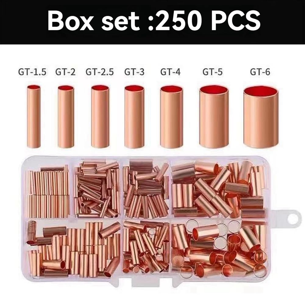 IMCCZONY 250pcs GT Copper Connecting Pipe Wire Joint Small Copper Tube Terminal Cable Lug Bootlace Ferrule Kit W/Crimping Pliers - Image 2