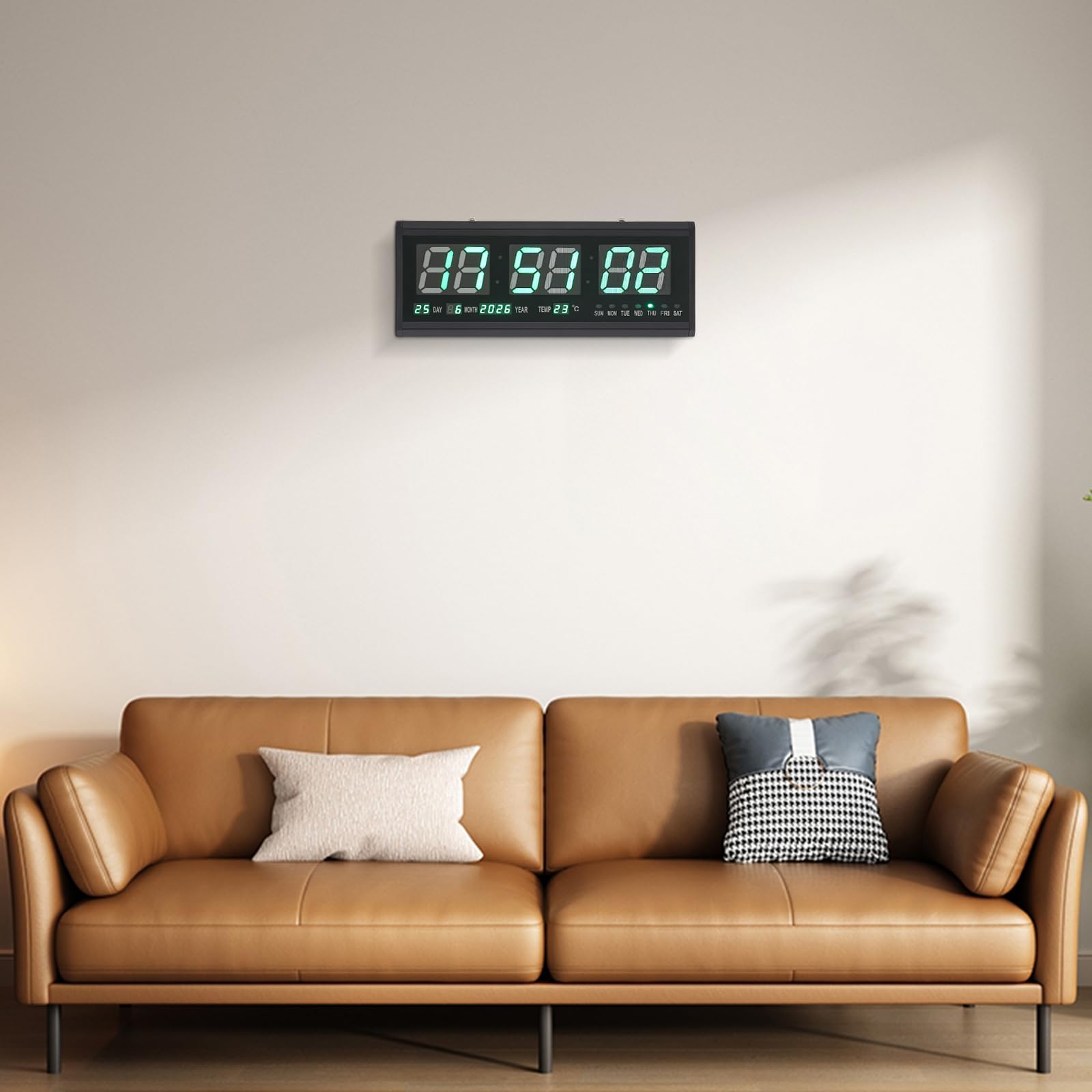 Orologio da parete digitale con visualizzazione della temperatura e della data; orologio da parete a LED, grande con display verde ed elegante cornice in plastica; utilizzabile da tavolo o da