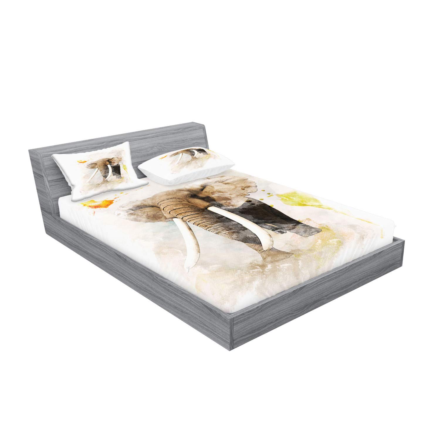 Ambesonne Watercolor Elephant Fitted Sheet & Pillow Sham Set, Majestic Elephant Walking in The Forest with Paintbrush Effects, Decorative Printed 3 Piece Bedding Decor Set, King, Beige Taupe