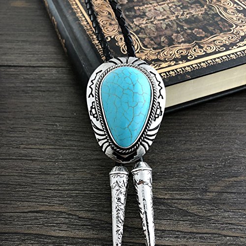 Quke Native Western Blue Natural Turquoise Stone Bolo Tie Handmade Genunie Leather For Men Women #TOP1