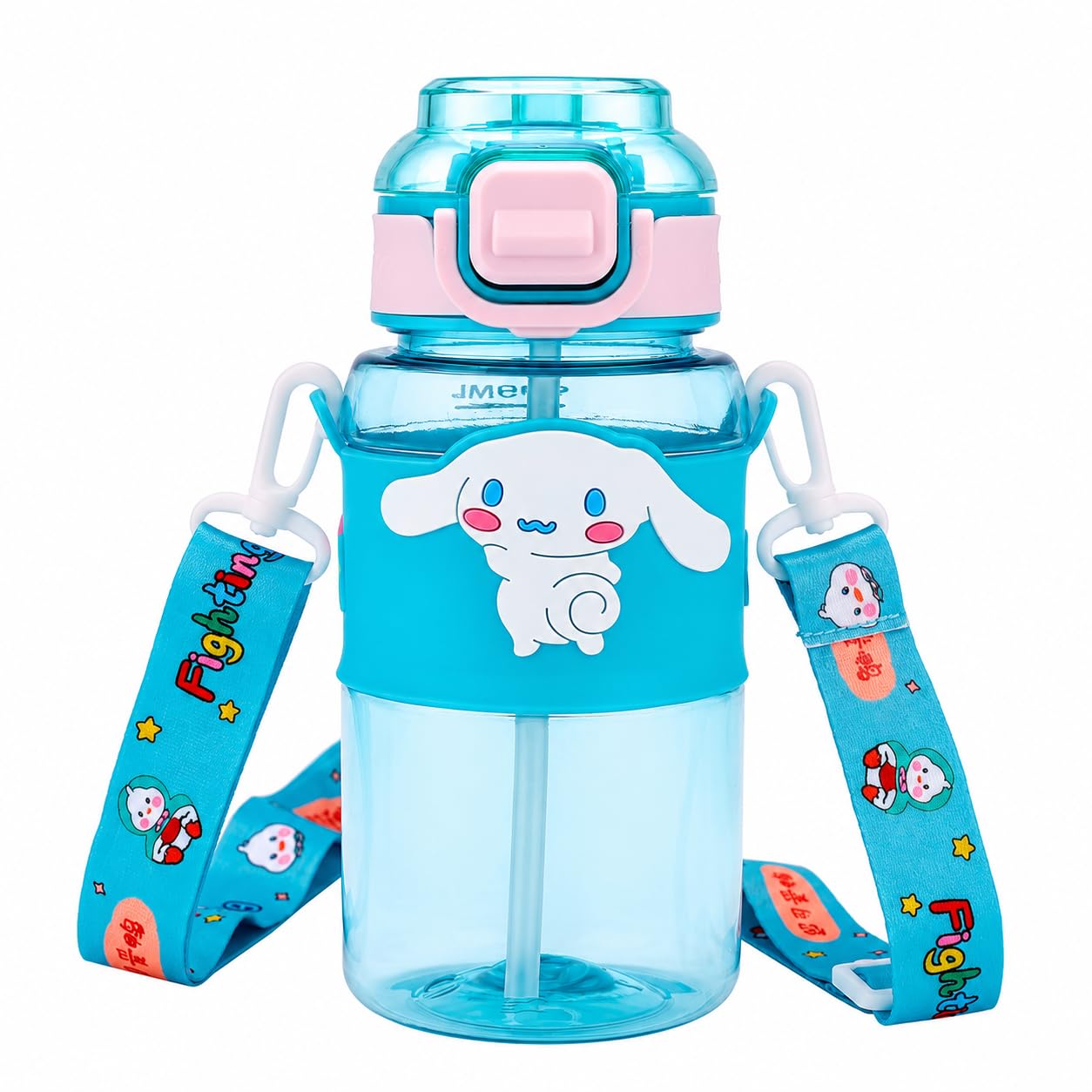 Kids Water Bottle 600ml with Straw & Adjustable Strap | BPA Free Leakproof Sipper Bottle for School | One Touch Flip Lid | Food Grade Plastic Water Bottle for Boys & Girls | Portable Drinking Bottle