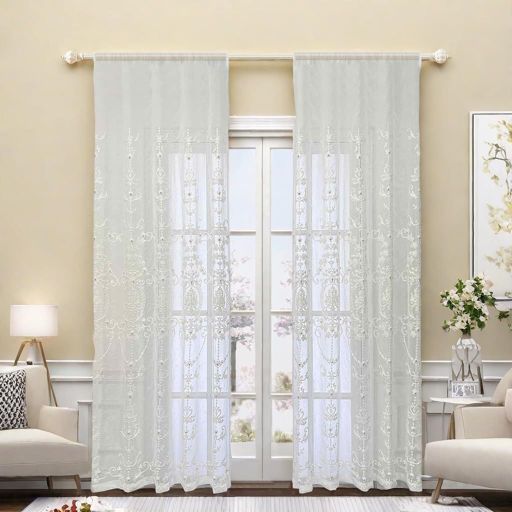 White Sheer Curtain for Living Room Rod Pocket Voile Panel Girls Bedroom Light Filtering Tulle Farmhouse Window Curtain, 2 Panels Each 52 x 84 inch Length