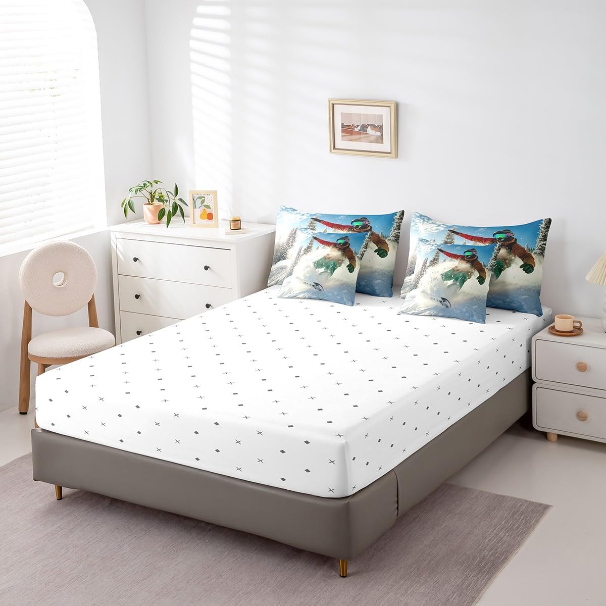 Feelyou Skiing 7 Piece Bedding Set Twin, Ski Sports Comforter Set with Sheets Bedding Sets with Comforter, Pillowcases, Flat Sheet, Fitted Sheet and Cushion Cover