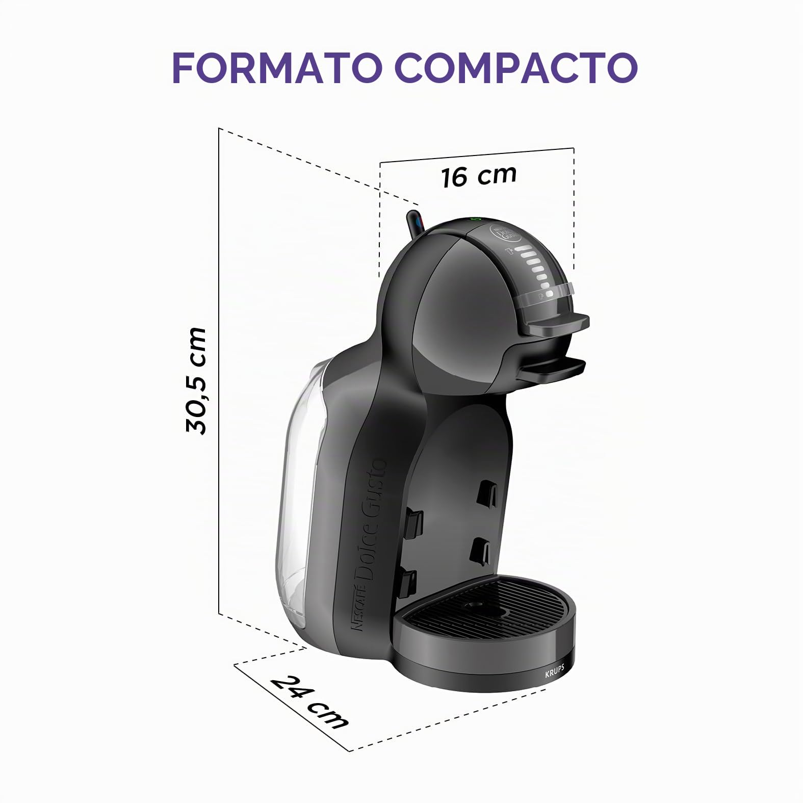 NESCAFÉ DOLCE GUSTO Mini Me Von Krups, cafetera automática de cápsulas, bebidas calientes y frías, presión de 15 bares, depósito de agua de 0,8 litros, modo ecológico, negro/antracita, KP1238