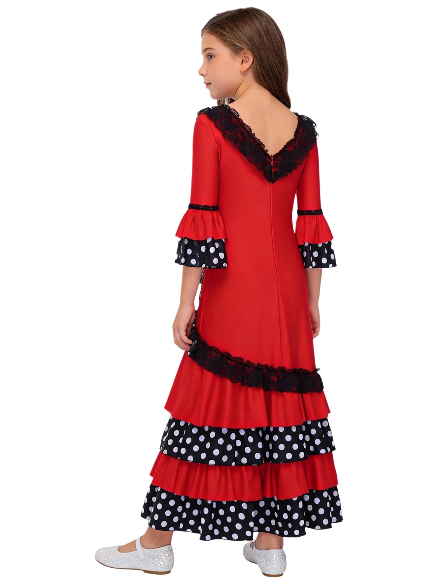 TiaoBug Robe de Flamenco Enfant Fille Longue Robe Traditionnelle Espagnole Déguisement Flamenco Sévillane Costume Carnaval Halloween Performance