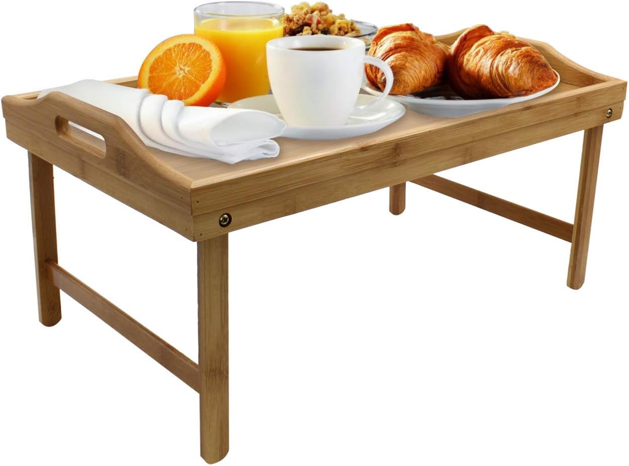Folding Bed Tray Table with Legs and Breakfast Serving Tray Bamboo Bed Table and Bed Trey with Legs Dinner Butler Tray Lad Desk