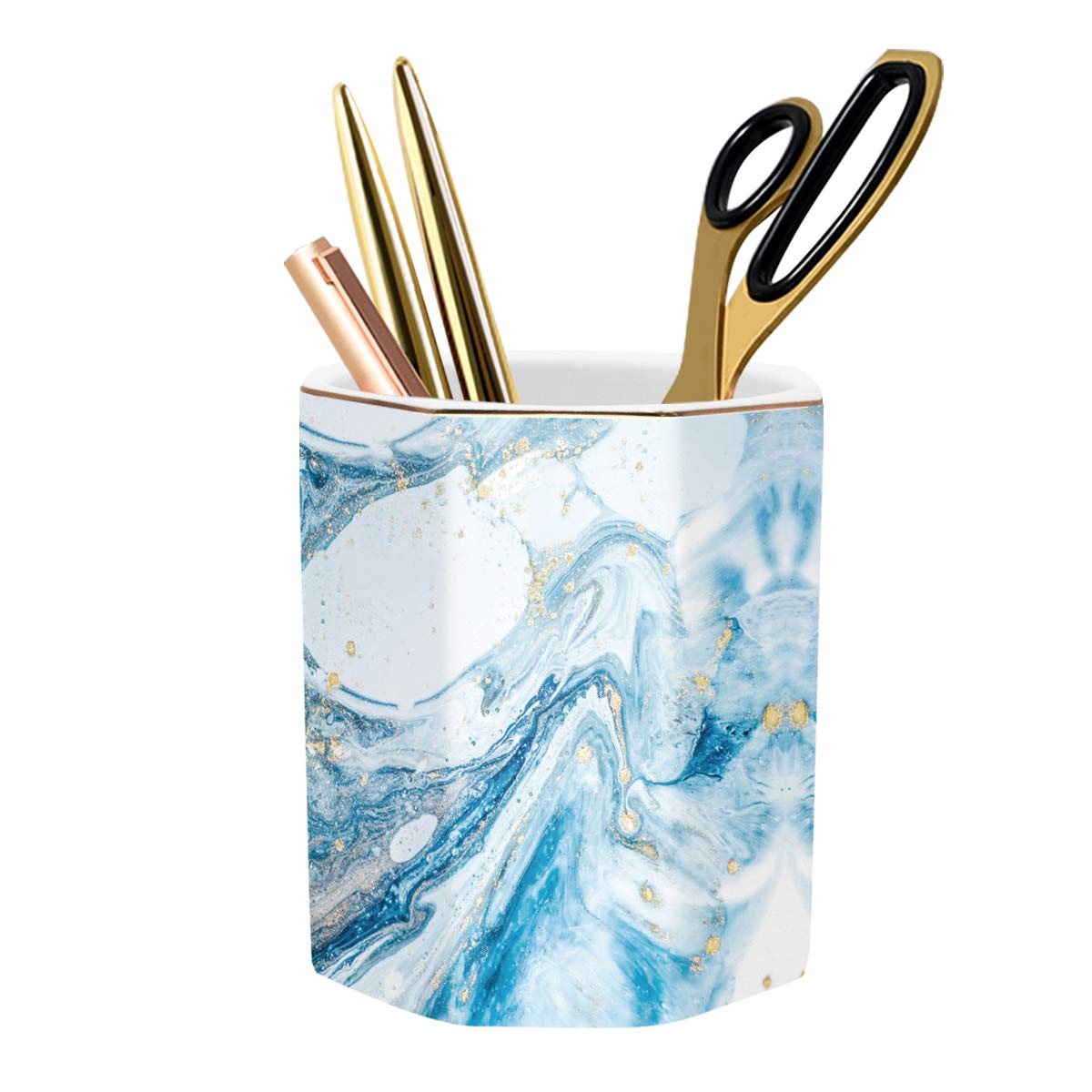 Pen Holder, Pencil Holder for Desk Marble Pattern Pencil Cup for Girls Kids Durable Ceramic Desk Organizer Makeup Brush Holder for Office, Classroom, Home, Blue Marble blue marble02