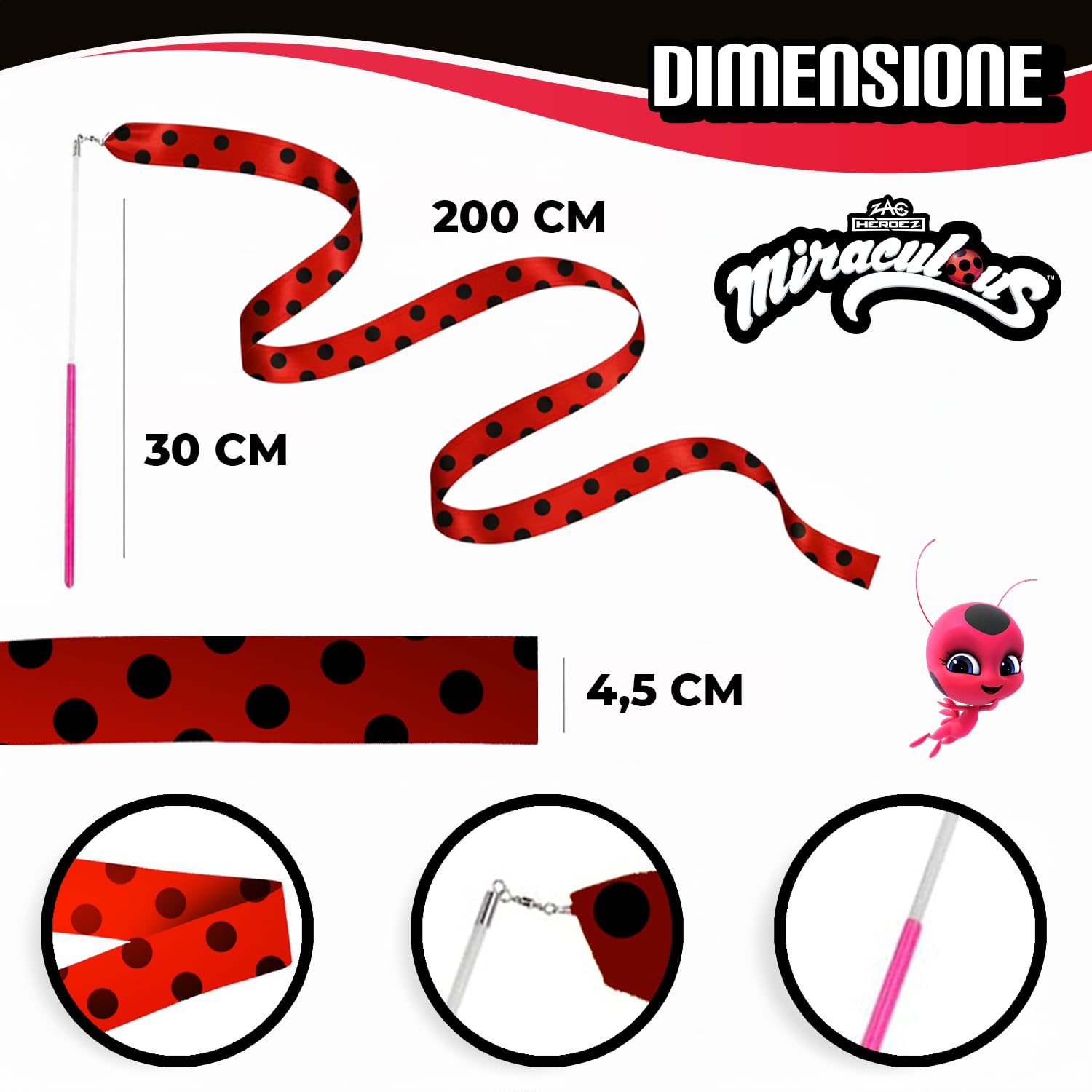 Miraculous Ufficiale – Set di 2 Nastri da Ginnastica Ladybug (2 m) – Motivo Coccinella – per Danza, Ginnastica, Ritmica, Circo, Sport – Accessori Bambini, Competizione, Allenamento – Original Corner