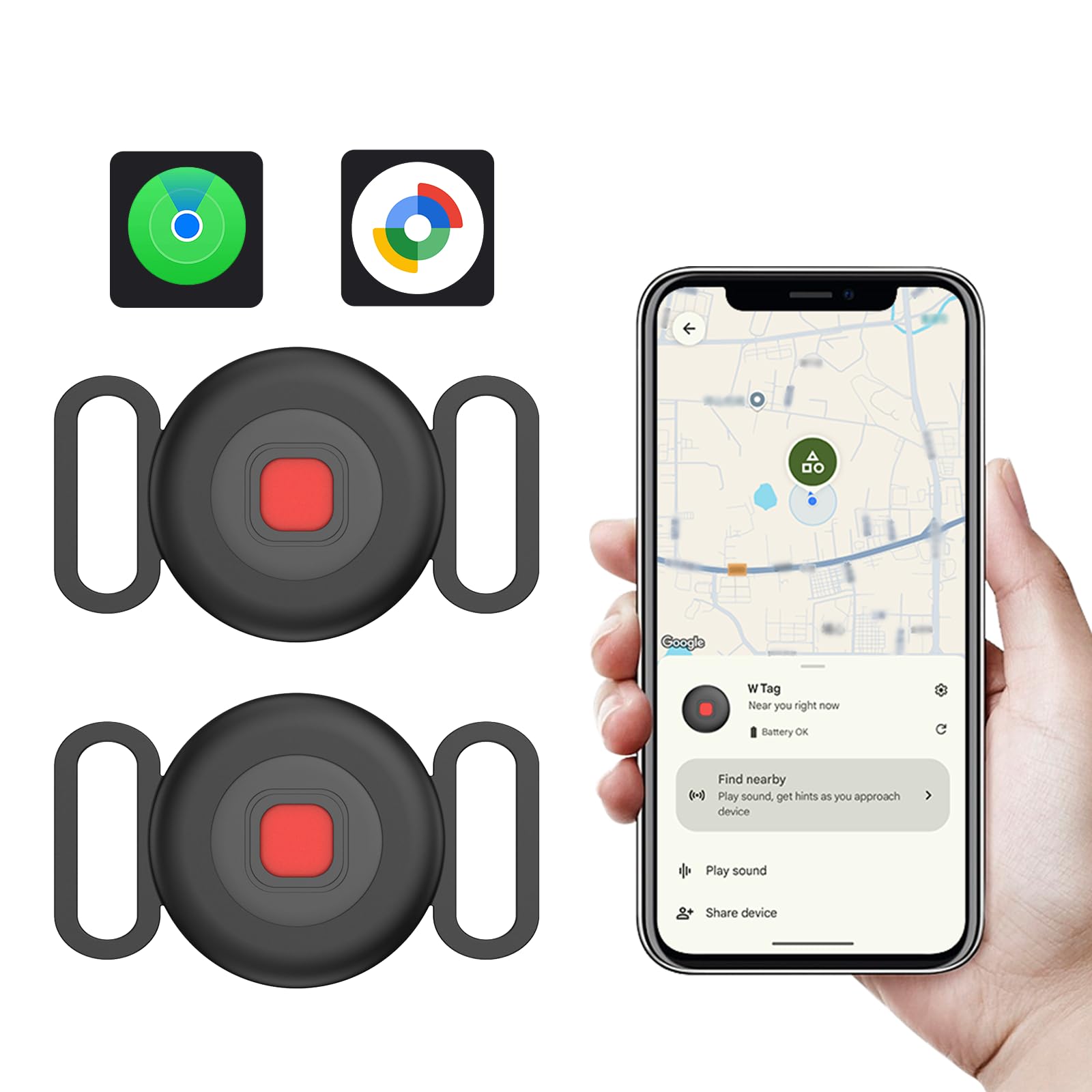 Pet Location Tracker Tag for Dogs &amp; Cats with Silicone Holder, Works with Apple Find My &amp; Android Find Hub, IP67 Waterproof Bluetooth Anti-Lost Locator (Black, ２Pack)