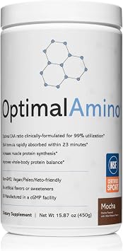 مسحوق الأحماض الأمينية OptimalAmino | مكمل غذائي يحتوي على 99% من الأحماض الأمينية الأساسية | قبل وبعد التمرين واستعادة العضلات | معتمد من NSF للرياضة | بنكهة الموكا