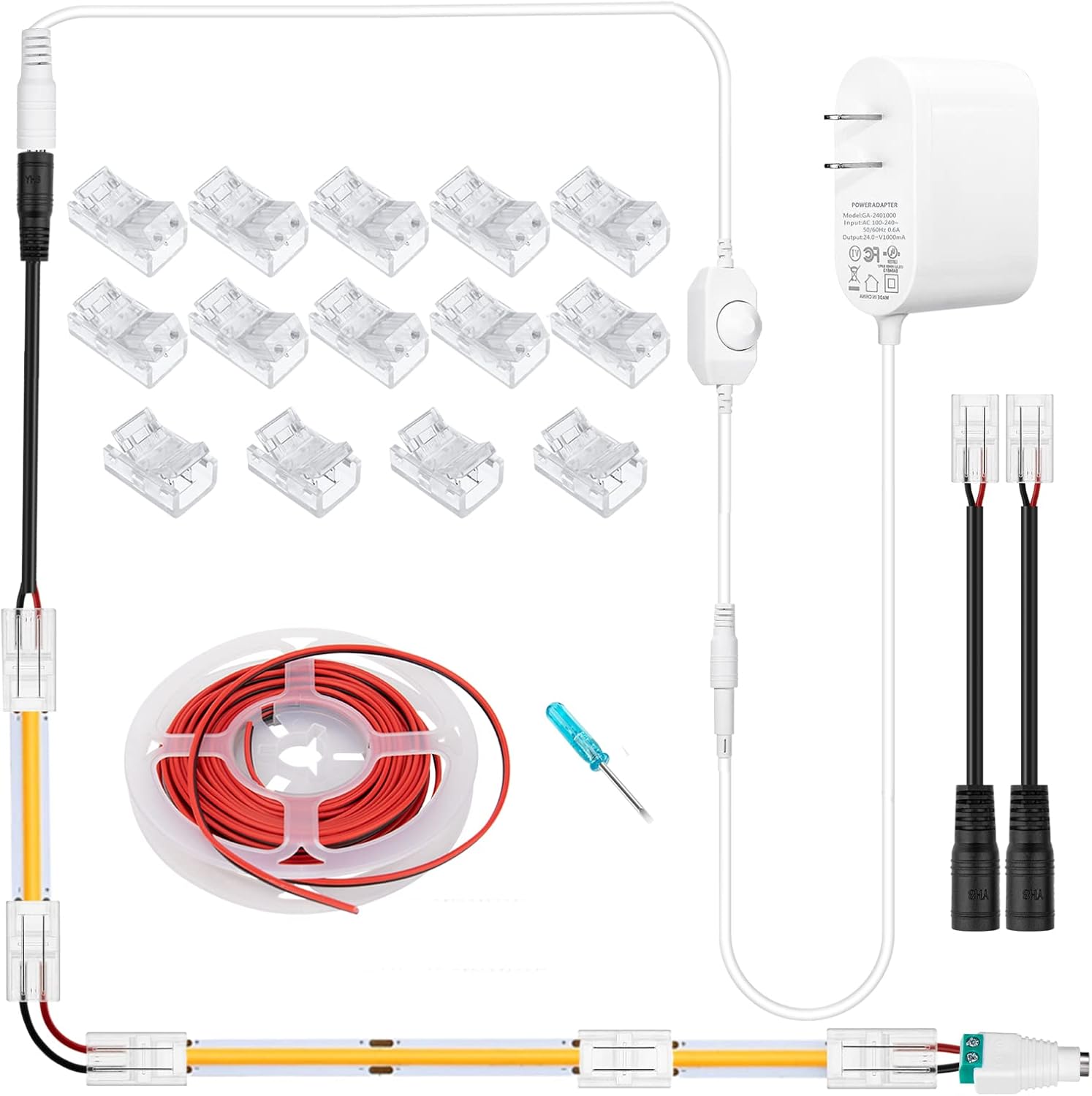 UL DC 24v Power Cord with Dimmer Switch, GXILEE Solderless 8mm 2 Pin