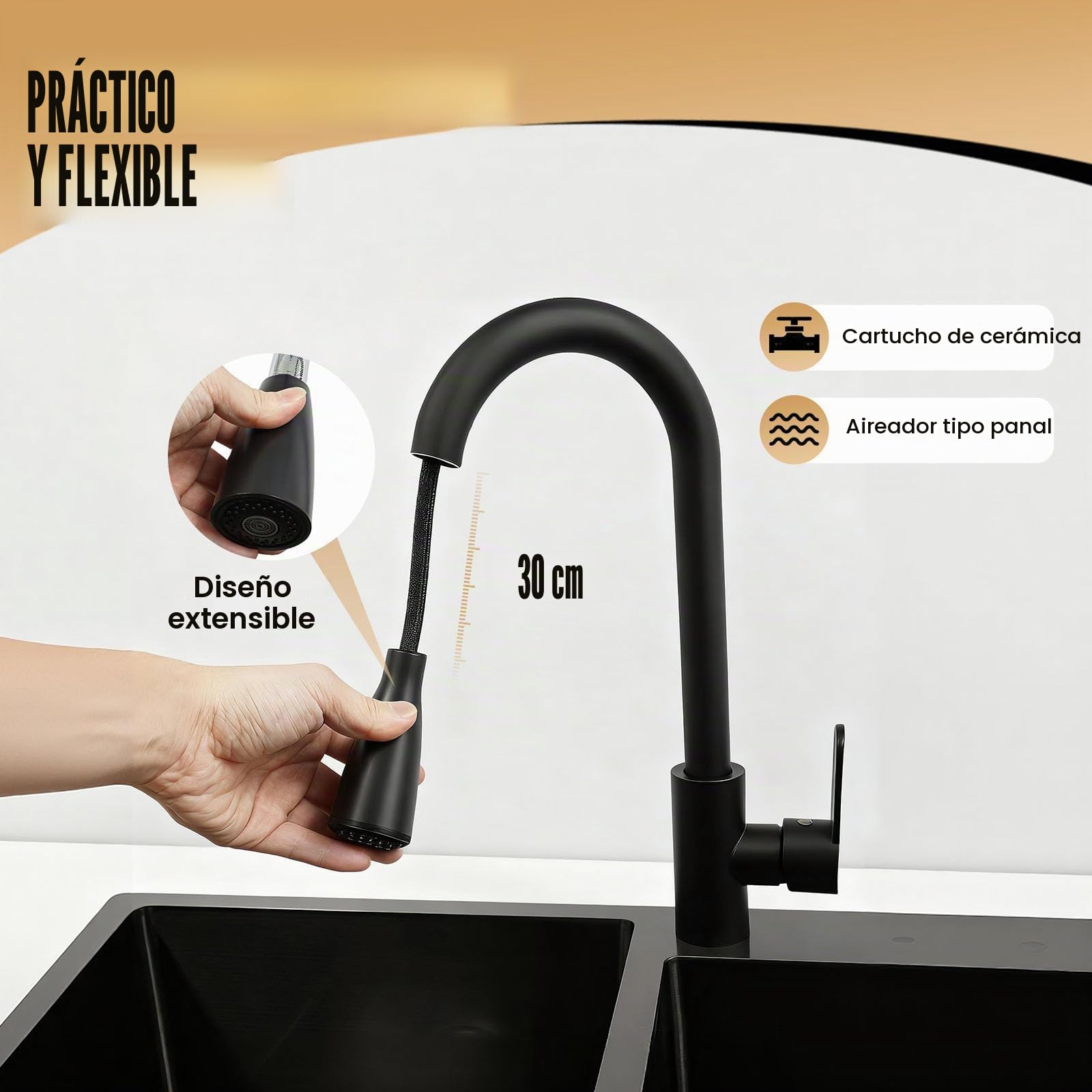Fregadero de cocina independiente con armario y grifo extensible, 75 x 41 x 78 cm, acero inoxidable, comercial, fregadero doble con cesta de drenaje y unidad de desagüe para cocina, lavandería/negro