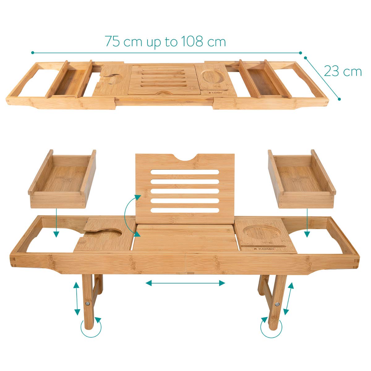 Navaris Bambus Badewannenablage Frühstückstablett ausziehbar - Buch Ablage Weinglas Halterung - Tablett für Badewanne und Bett - aus Holz in Braun