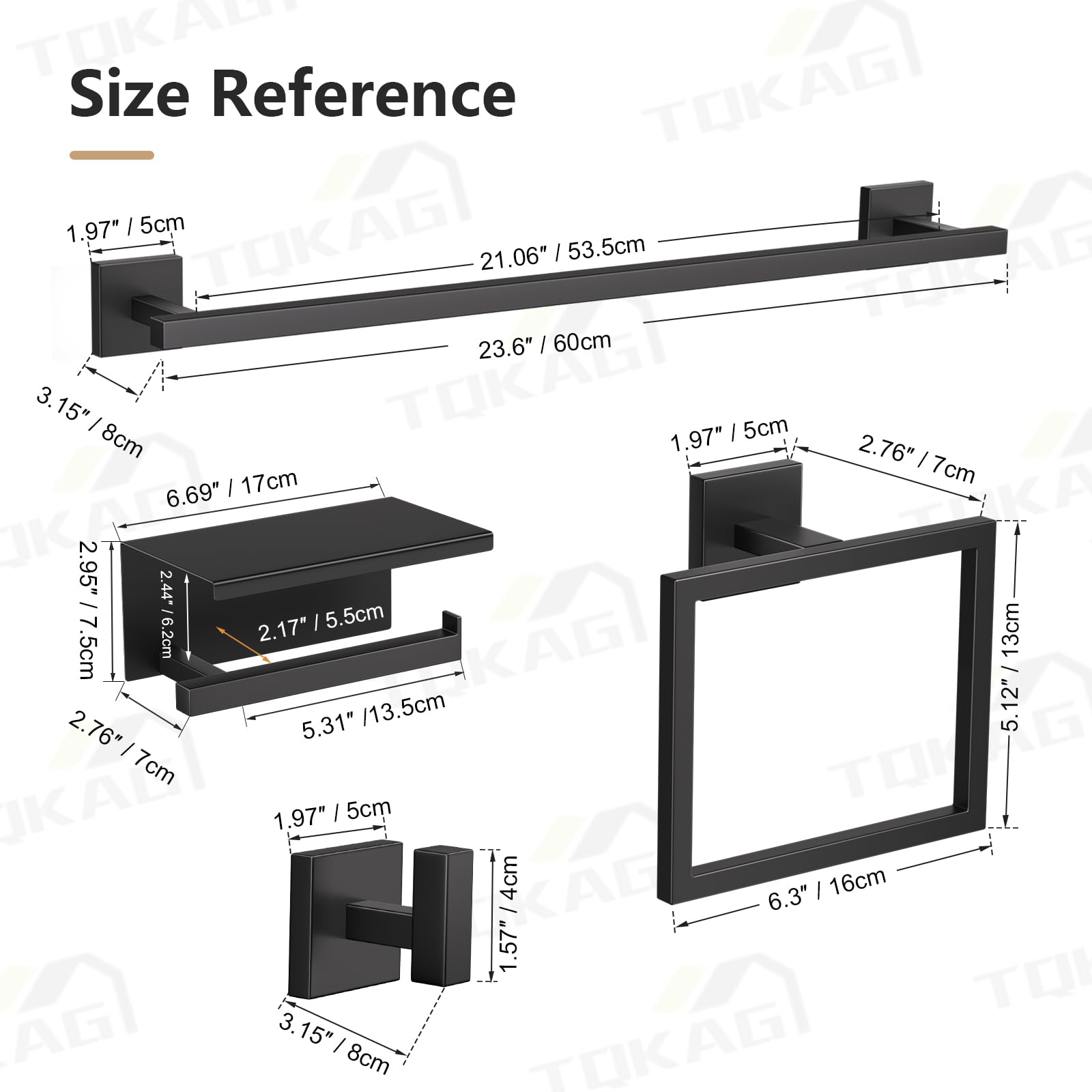 TQKAG 5-Pieces Matte Black Bathroom Hardware Accessories Set 23.6" SUS304 Stainless Steel Towel Bar Set Wall Mounted Square Toilet Paper Holder with Shelf — Amazon image 6