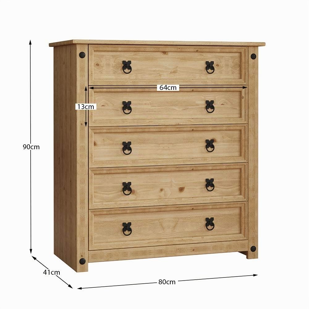 Vida Designs corona rustico 5 cassetti in legno massello di pino messicano finitura anticata cerata