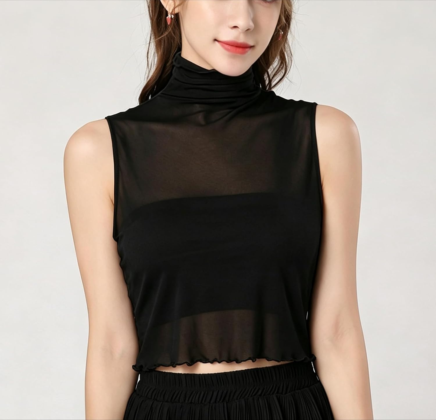 Women's Sheer Mesh Mock Neck Top, Sleeveless See-Through Blouse with Lettuce Edge Ruffle Trim Y2K Layering Undershirt image 3