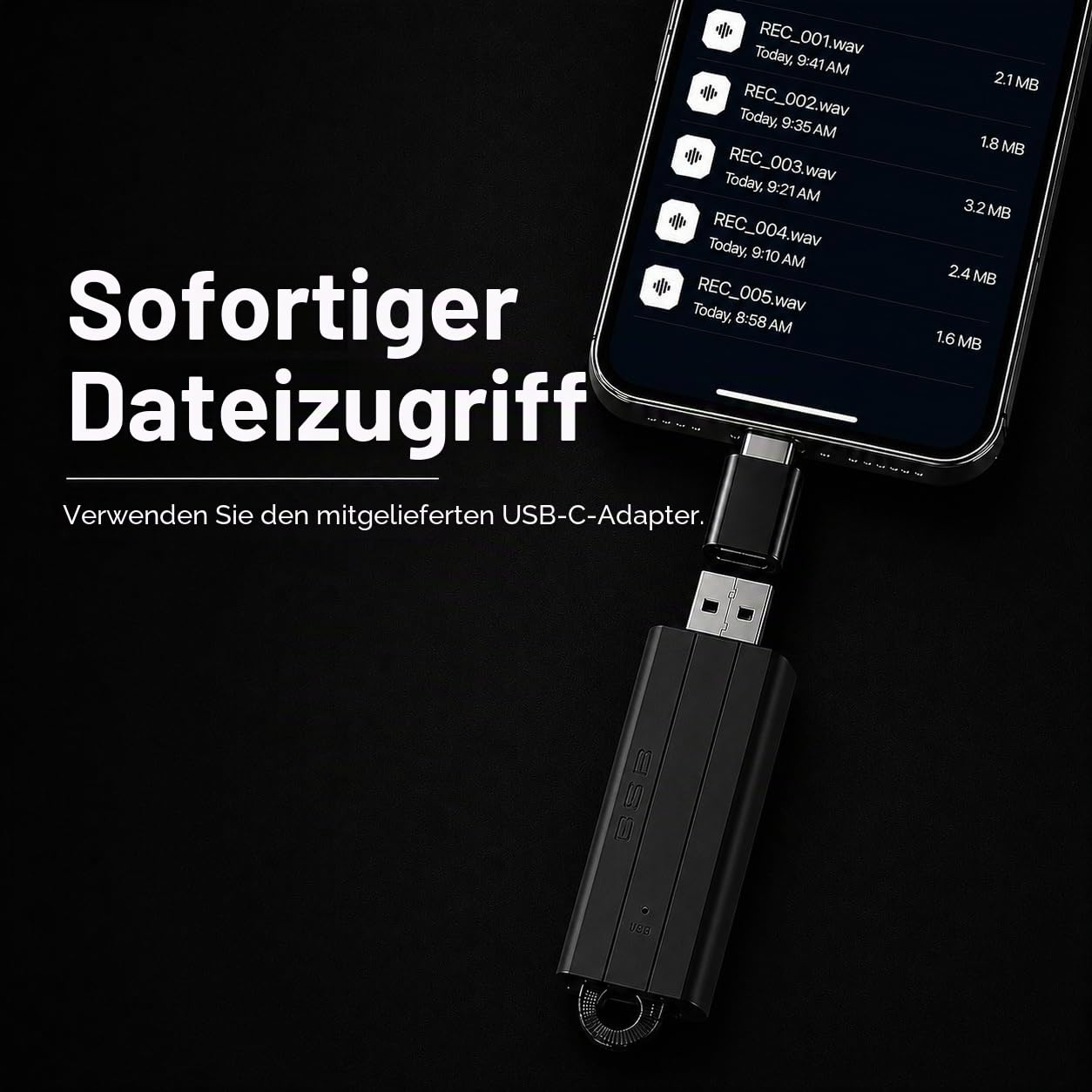 USB Audiorekorder mit Geräuscherkennung - Bis zu 288 Std. Aufnahme, 24 Std. Akkulaufzeit | Mini Diktiergerät ohne App für Meetings, Vorlesungen & Notizen