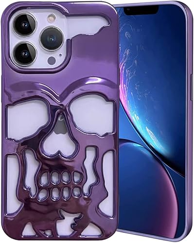 Funda de teléfono con diseño de calavera chapada en lujo, para iPhone 11, funda de metal hueca y suave, cubierta de teléfono con talla de