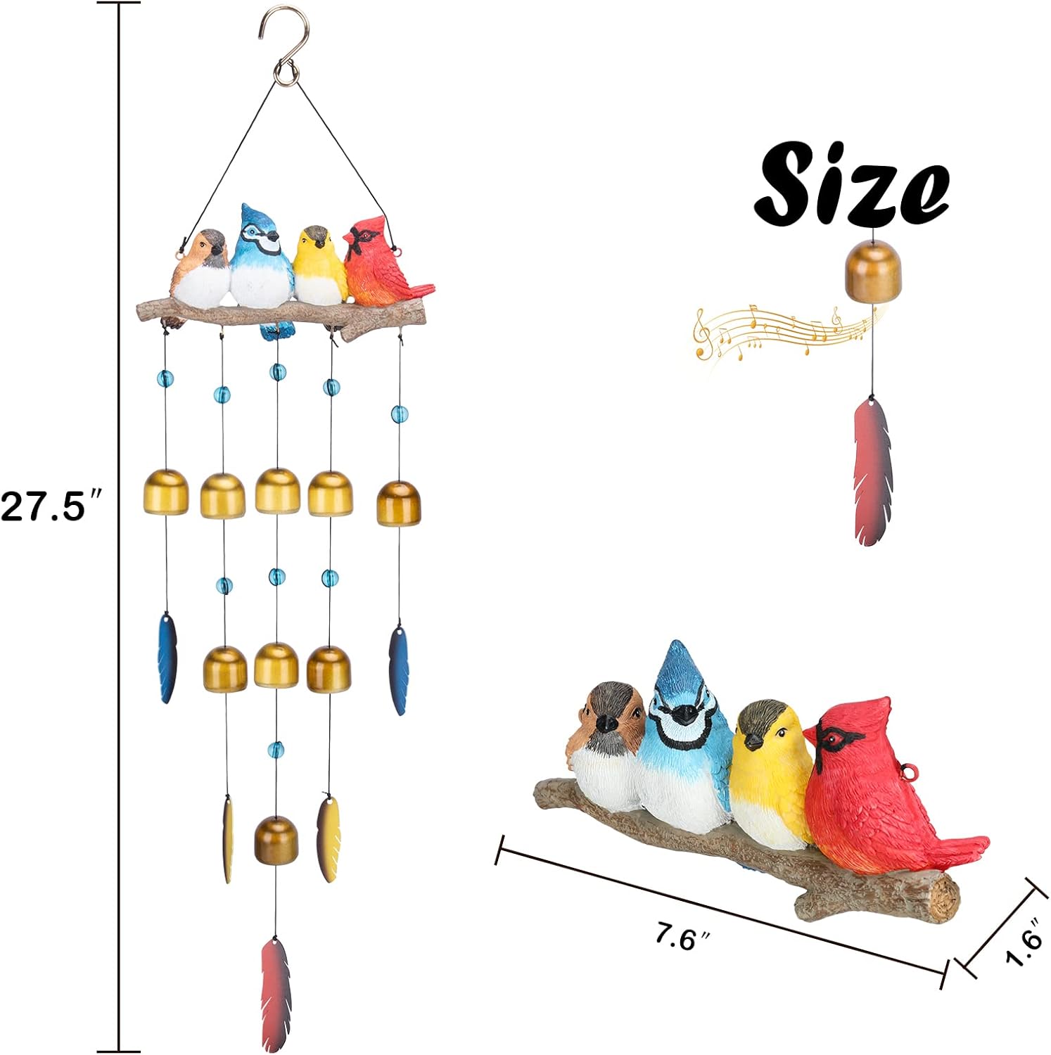 Taman Bird Wind Chime - 29" Wind Bell Valentine's Day Gift for Outside Indoor Cardinal,Blue Bird Decorative Bronze Wind Chime Memorial Sympathy Gift for Home, Outdoor, Yard, Patio,Garden Decor - Image 5