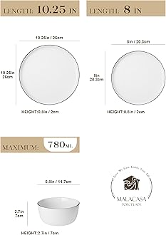 MALACASA 18 Pieces Gourmet Porcelain Dinnerware Sets, Premium Plates and Bowls Set, High-Fired Dishes Set for 6, Chip & Scratch Resistant, Microwave Dishwasher Safe, White & Black Rim, Series Lexi