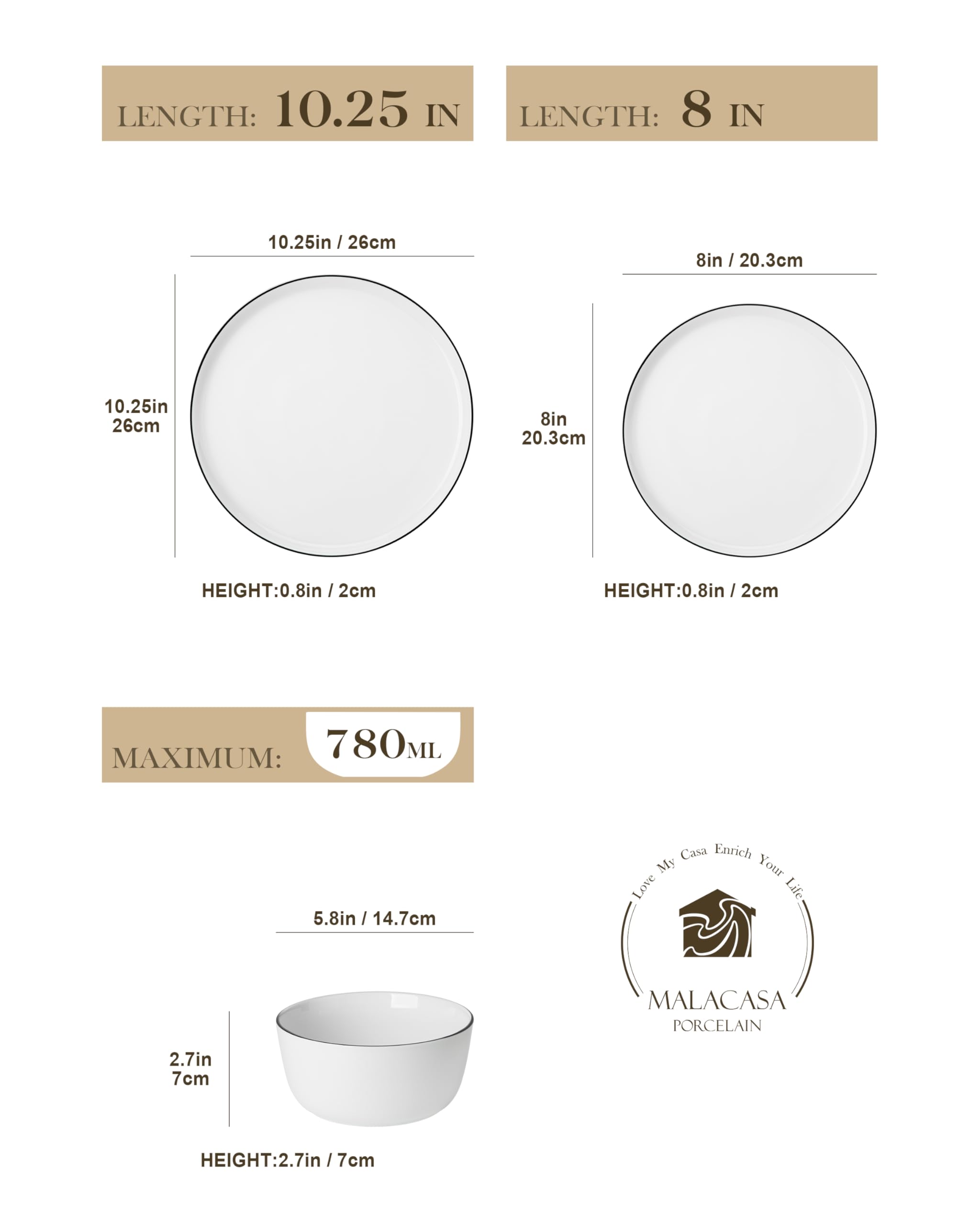 MALACASA 18 Pieces Gourmet Porcelain Dinnerware Sets, Premium Plates and Bowls Set, High-Fired Dishes Set for 6, Chip & Scratch Resistant, Microwave Dishwasher Safe, White & Black Rim, Series Lexi