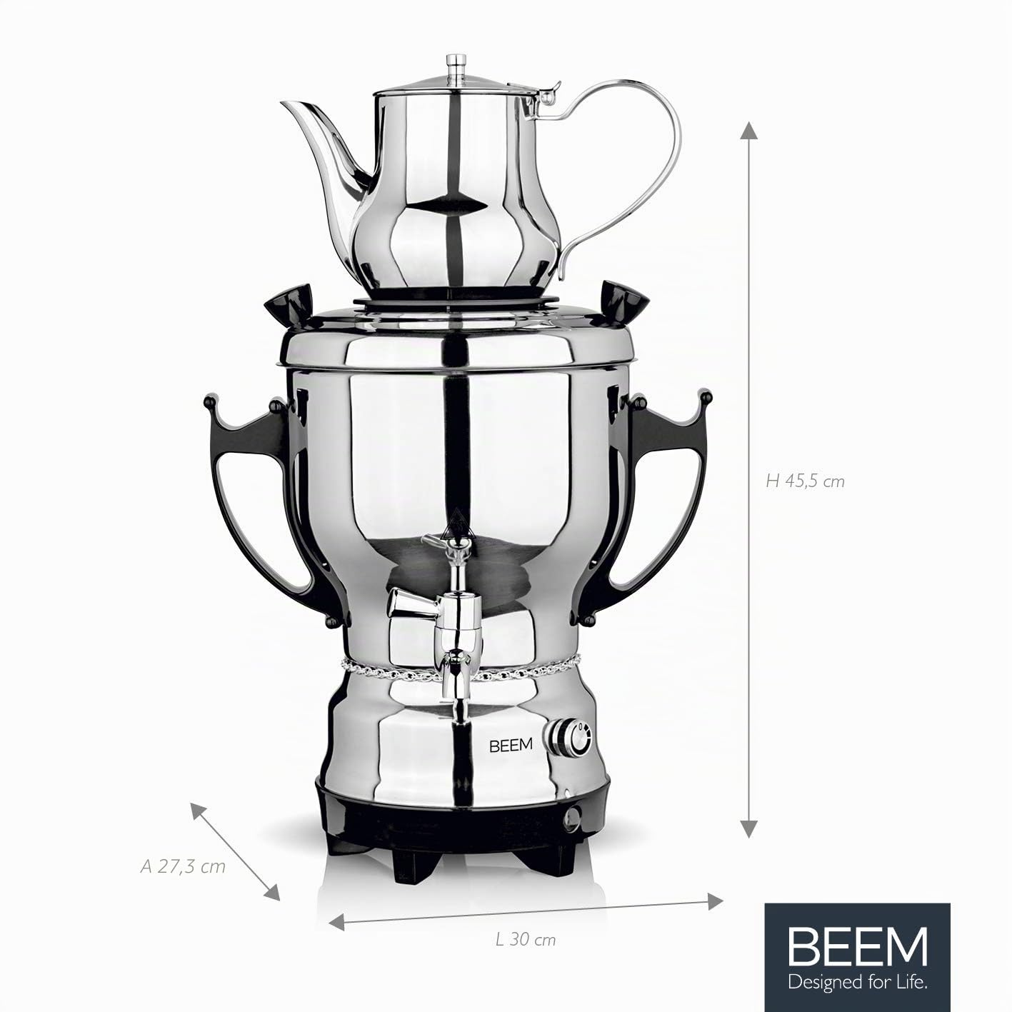 BEEM SAMOWAR 2030-3 l | Tea Maker Elettrico 2.200 W | Acciaio Inox, Contenitore per Acqua da 3 Litri, teiera da 1 litro | Adatta per Uso privato, alberghiero, gastronomico