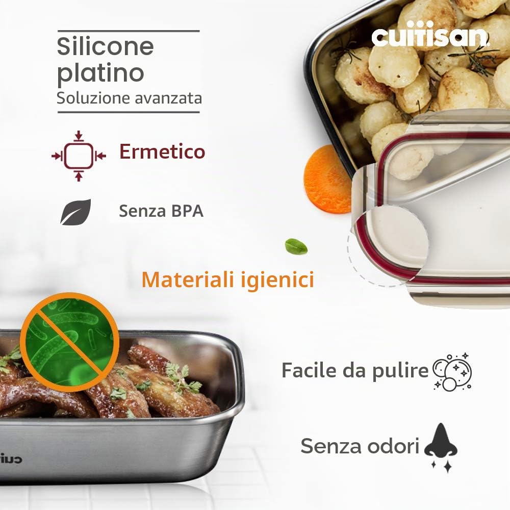 CANDL Cuitisan (Flora) contenitore ermetico per alimenti in acciaio inox con coperchio con chiusura a clip, adatto a forno e microonde, EC7-SS11, rettangolare (25,9cm x 19,5cm x 12,1cm /3600ml)