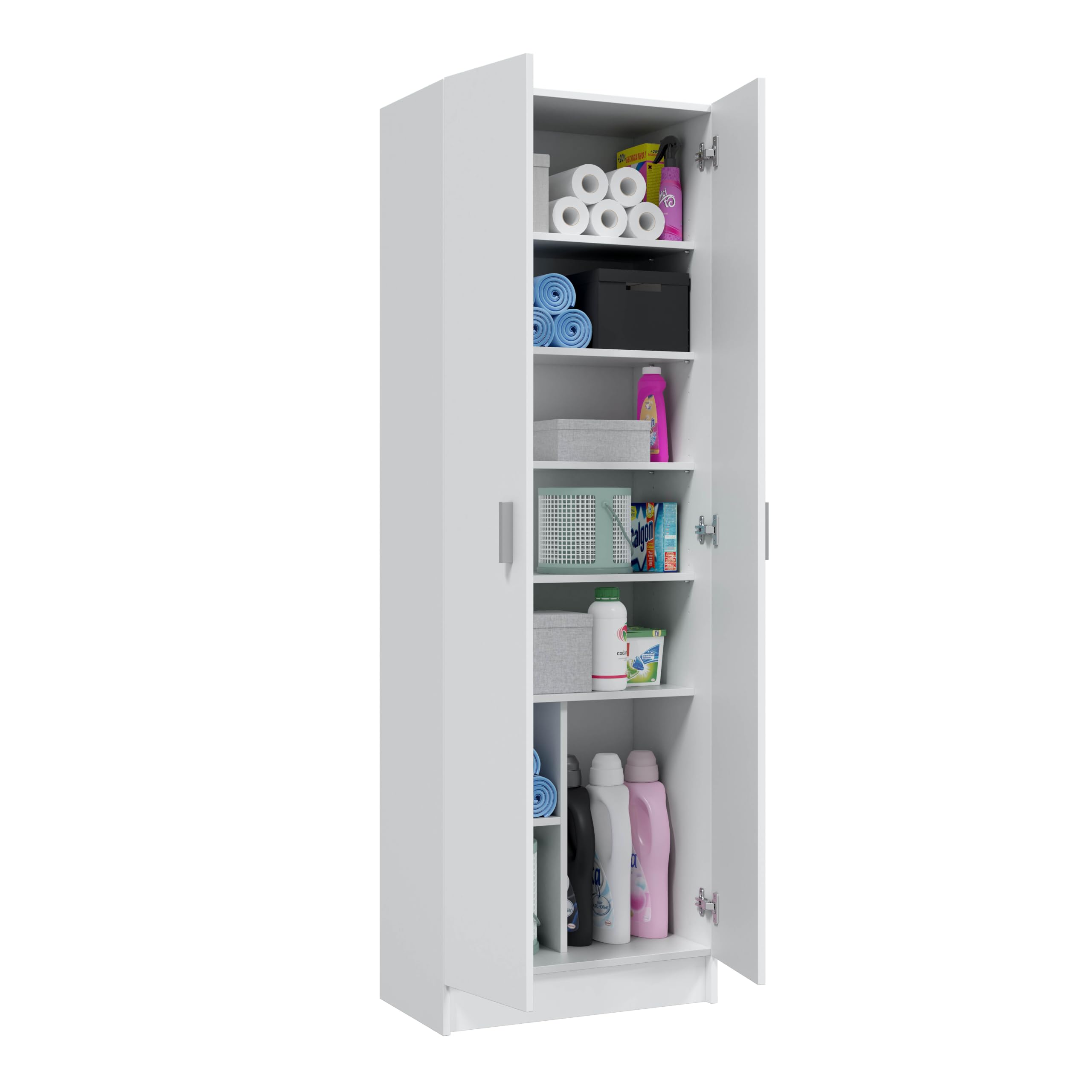 Habitdesign Armario Multiusos Adhara de 2 Puertas, Armario Auxiliar de Limpieza o Zapatero, Incluye 6 Estantes, Color Blanco Mate, Medidas: 180x59x37 cm