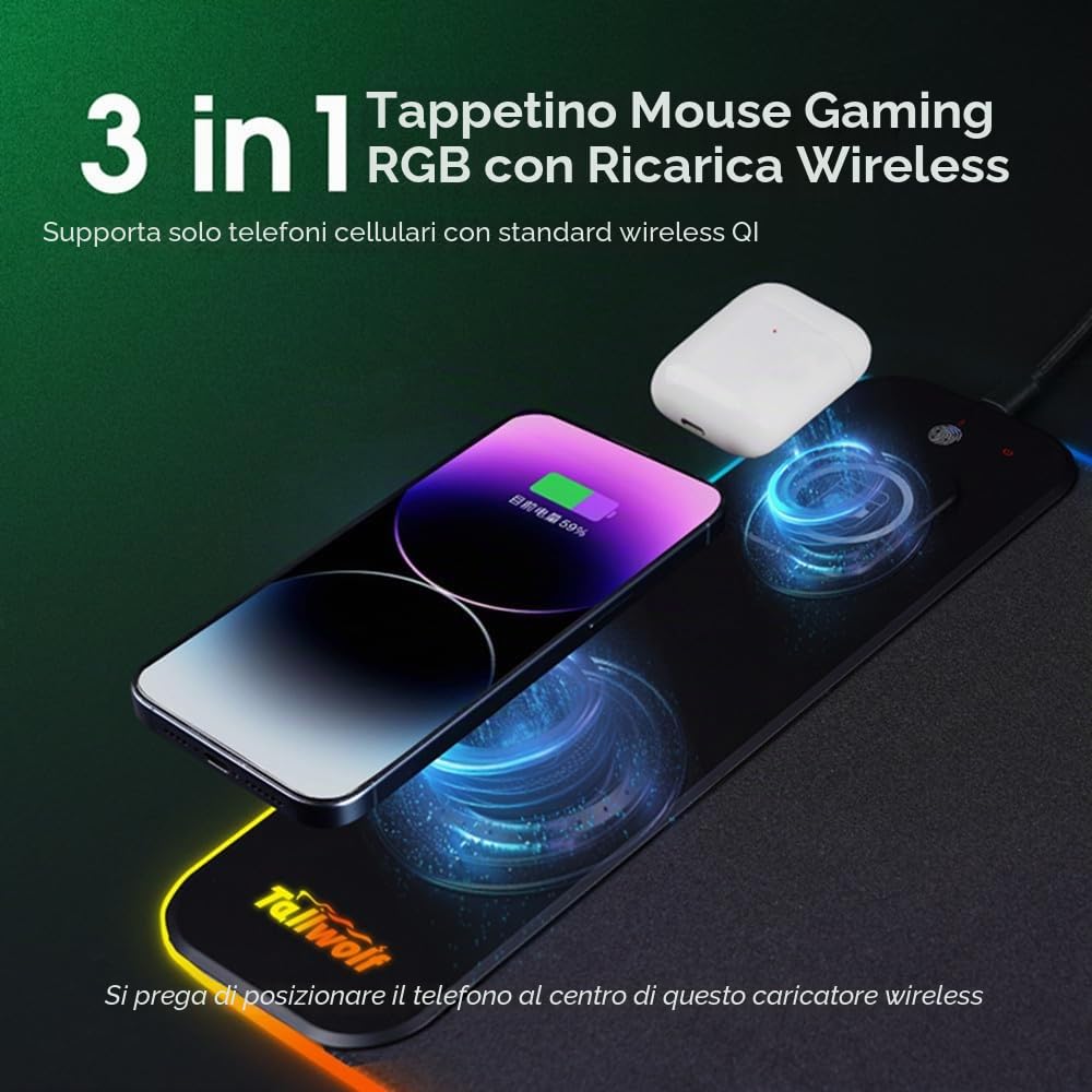 3 in1 Wireless Charging RGB Gaming Mouse PAD, 15W 10 modalità di luce, 800 * 300 * 4 mm LED Charging Mouse Pad, tappetino da scrivania per telefoni standard Ql wireless/mouse/orologi
