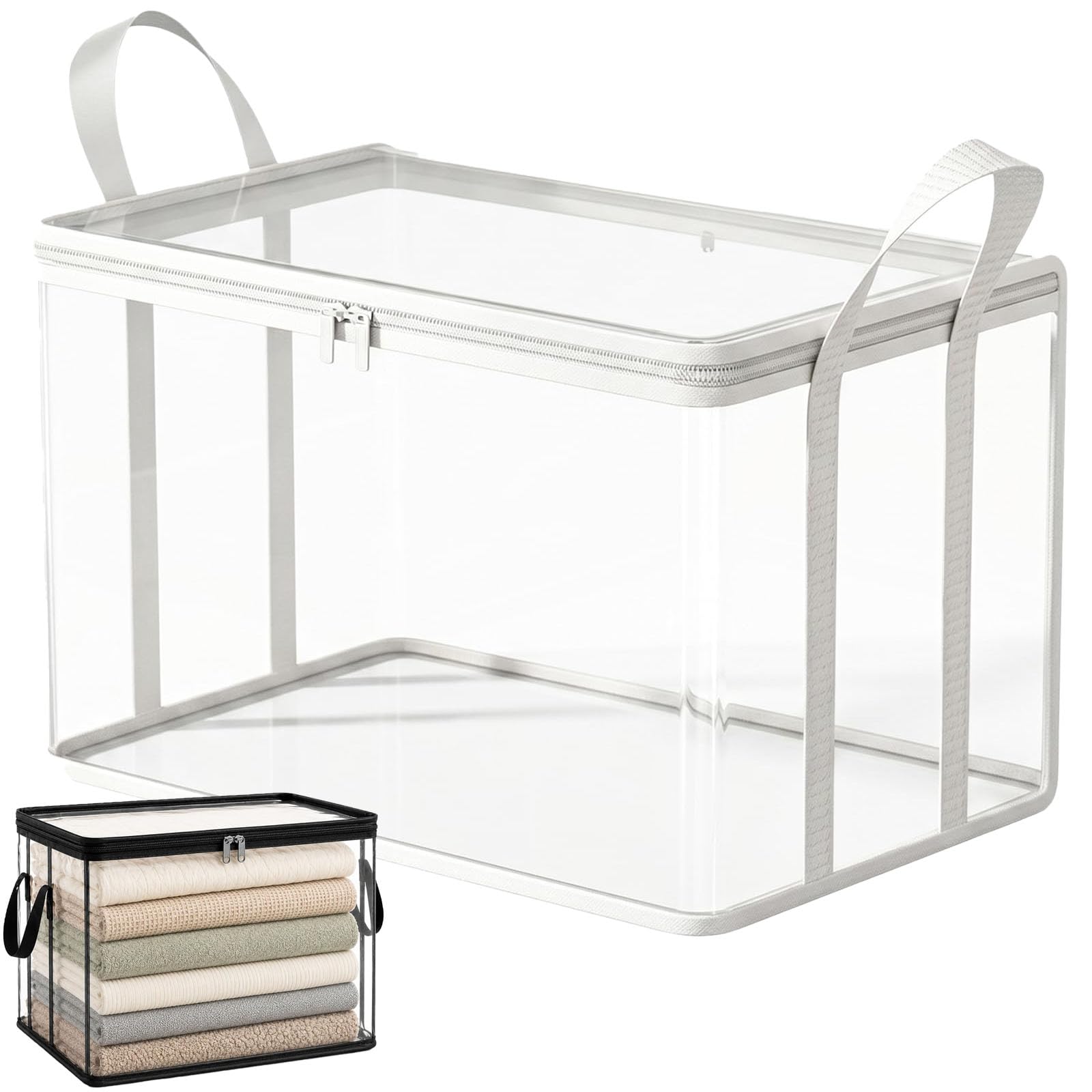 Large Heavy Duty Thick Plastic Clear Storage Box with Hinged Lid, Zipper Closure, Reinforced Handles, Waterproof Stackable Organizer Tote for Camping, Moving, Dorm, Closet and Home (White A,5 Pcs)