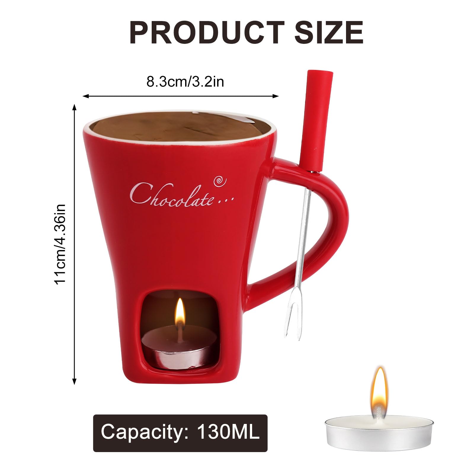 Taza de cerámica para fondue de chocolate, 130 ml, con portavelas y tenedores, fondue de chocolate, juego de fondue de chocolate, juego de fondue de chocolate, cazo para chocolate y queso, mantequilla
