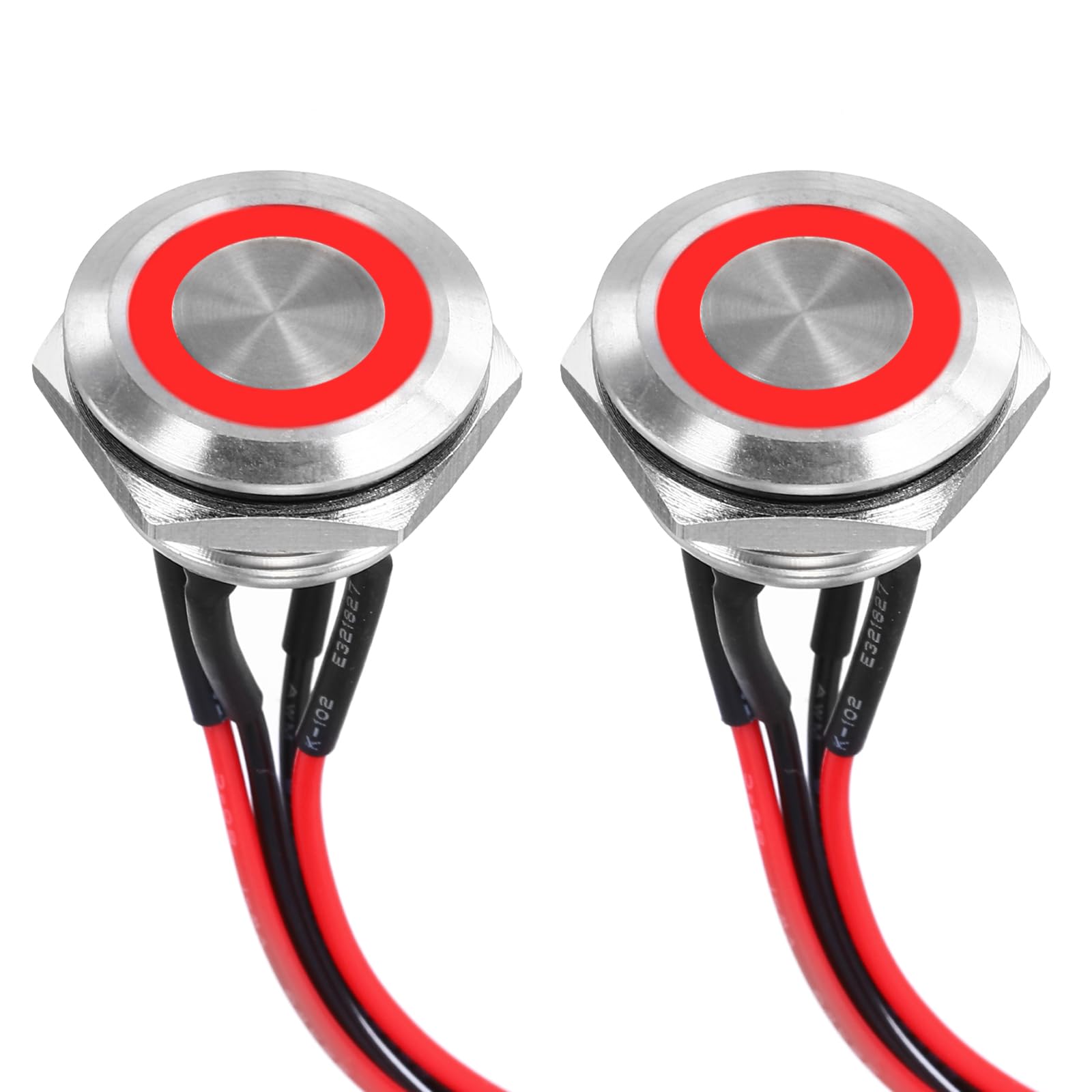 DMiotech 19mm / 3/4" Stainless Steel Momentary Push Button Switch Flat Head 3A 12-24V Silver Shell with Pre-soldered Red LED Ring Light 1NO