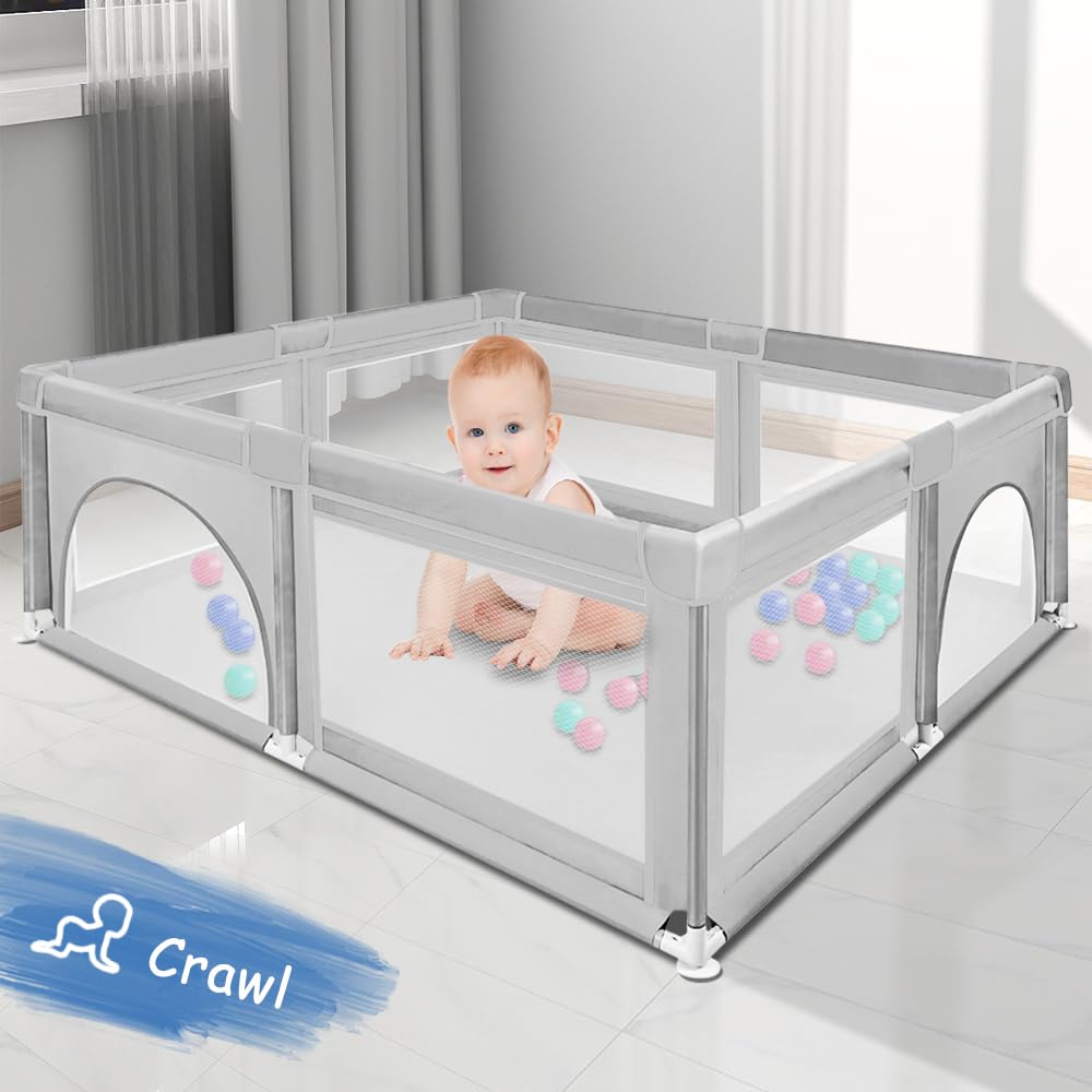 Parc Enfant pour Appartement, Parc Bébé avec 4 Ventouses Inférieures et Porte Zippée, Parc de Jeux Bébé avec Maille Douce Respirante, Clôture Bébé Tissu Oxford (Gris clair-120 * 120 * 66cm)