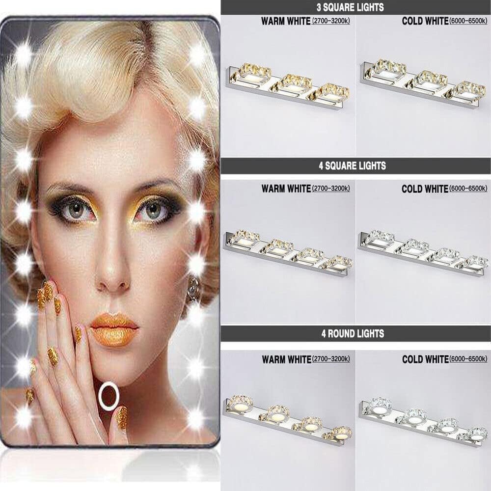 Gdrasuya10 LED Modern Bathroom Vanity Lights Over Mirror Bathroom Vanity Lights Fixtures 4 Lights Crystal Stainless Steel Bath Wall Lighting Mirror Light(4 Square Lights Cold White)