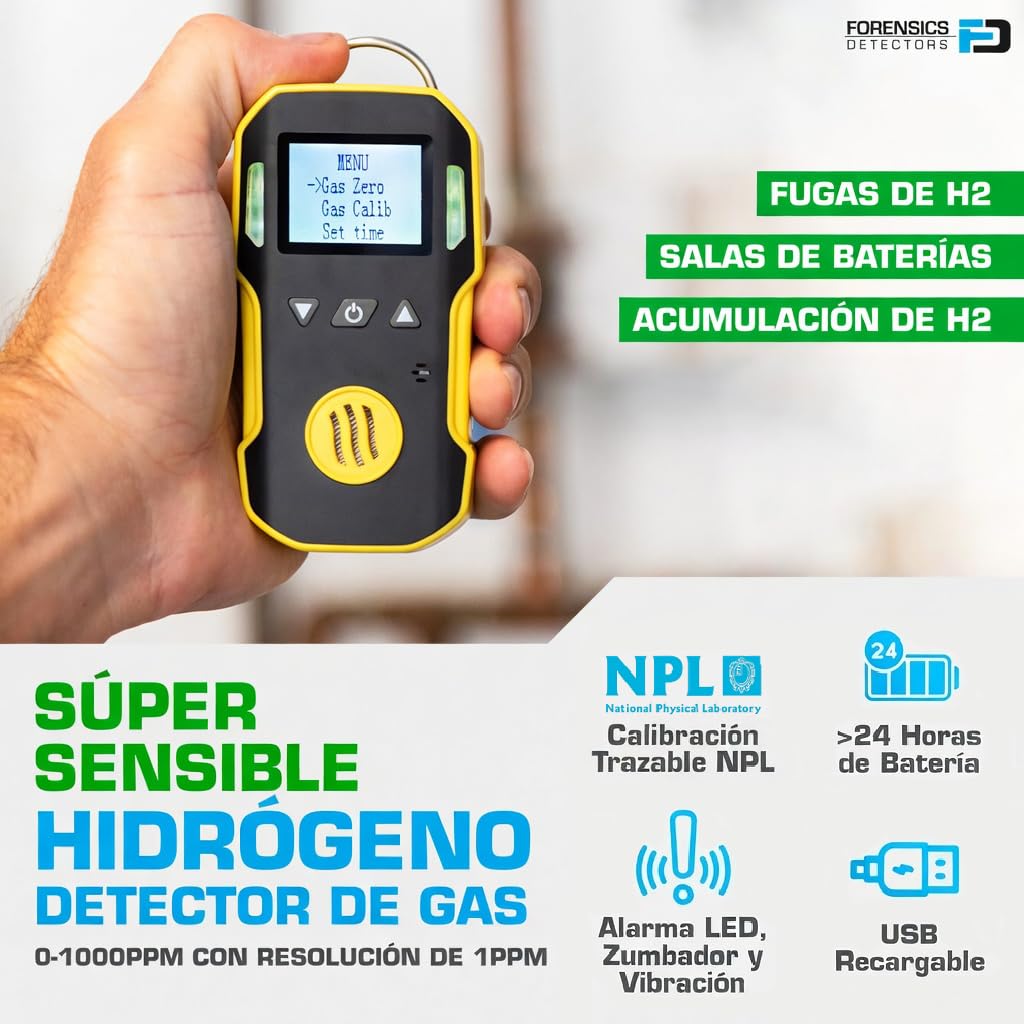 Detector de Gas Hidrógeno | Certificado de Calibración EU | Recarga USB | Alarmas Sonoras, Luminosas y por Vibración | 0–1000 ppm Gas H2