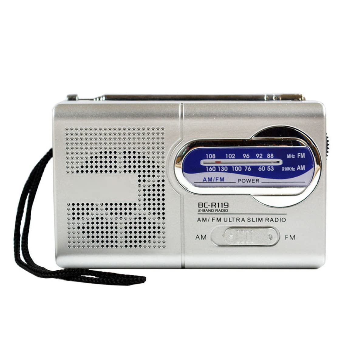 Mini radio BC-R119, radio portátil de bolsillo con antena telescópica AM FM, receptor mundial, altavoz, funciona con pilas, color plateado (sin pilas), radio pequeña, radio portátil Dab, radio FM, rad
