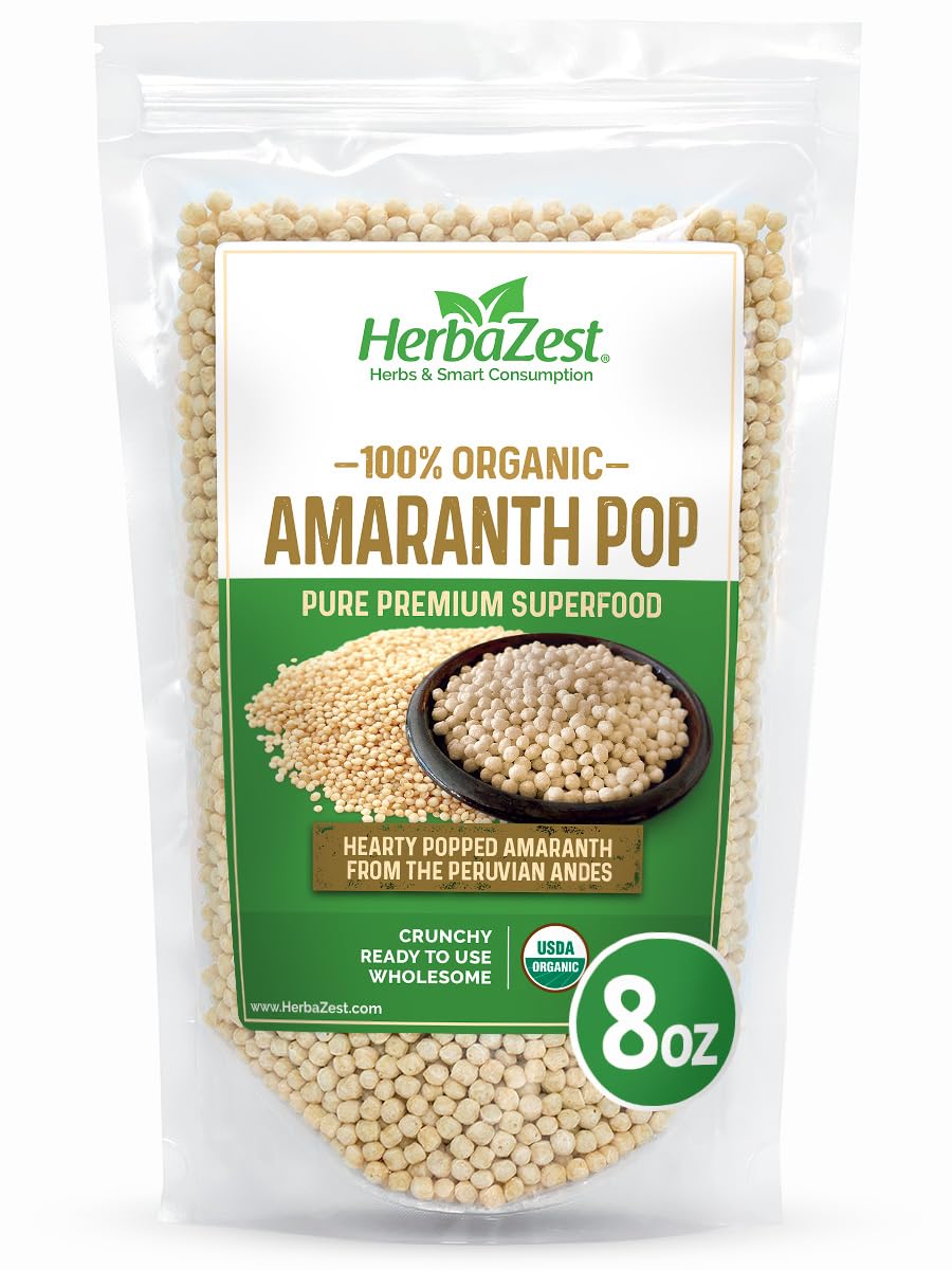 HerbaZest Amaranth Pop Organic - New Bigger 8 oz Pack - Vegan, Gluten Free & USDA Certified - Wholesome & Ready to Use - Nutritious Addition to Yogurt & Cereal, Granola & Muesli, Salads, Snacks& Desserts