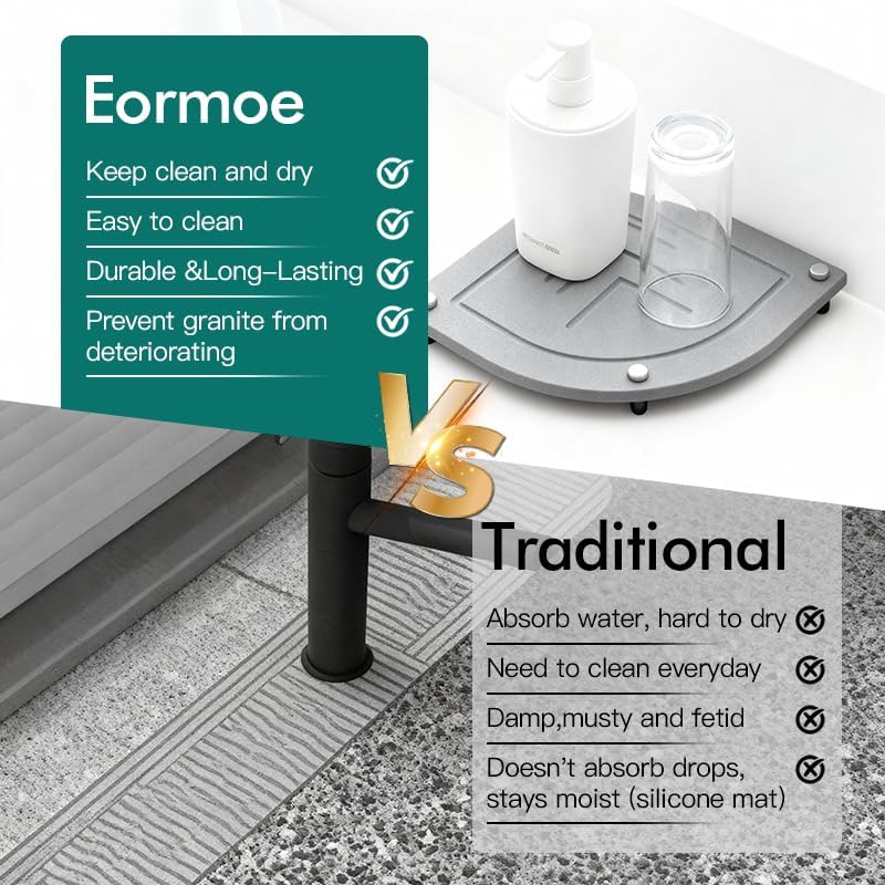 Garvee 2 Pcs Water Absorbing Stone Drying Tray, Quick Dry Diatomite Bathroom Sink Kitchen Counter Vanity Organizer, Instant Dry Soap Dish Sponge Holder Dispenser Caddy, Grey