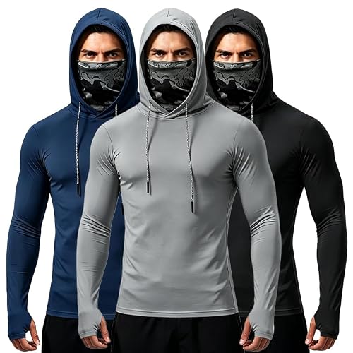Jwovcry 3/5-Pack Men's Sun Hoodie with Mask - Quick Dry Fishing Shirts Long Sleeve Outdoor Work Tactical Hiking Gear (US, Alpha, Large, Regular, Regular, 3-Pack【Runs small】 B)