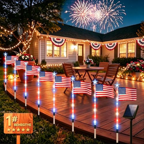 8 Piece Solar American Flag Pathway Lights US Solar Flag Lights with 8 Lighting Modes Patriotic Red White Blue Waterproof LED Outdoor Yard Garden Decorations for 4th of July (A)