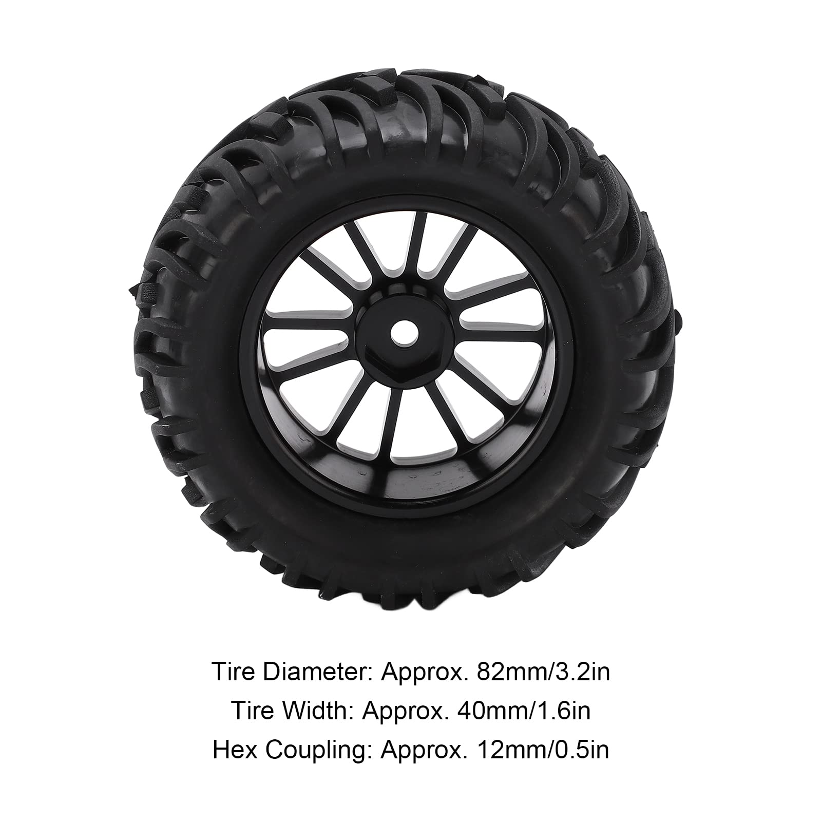 82mm RC Gumowe opony z 12 szprychowymi obręczami Wzór V Powierzchnia antypoślizgowa Trwały materiał Odporny na wstrząsy Wydajność dla 144001 1/14 Samochód terenowy Czarny 4szt