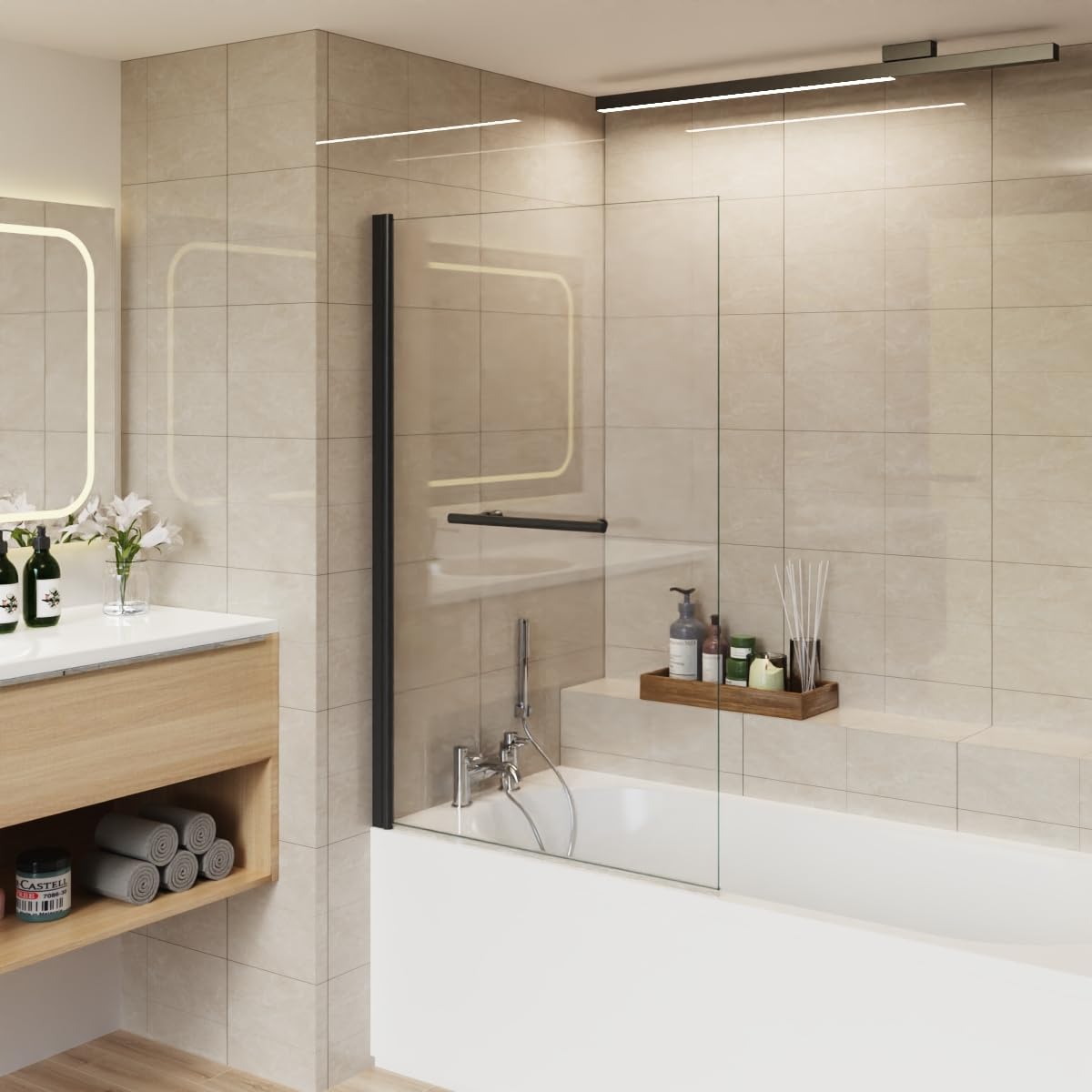 Aquariss 800x1400 Square Pivot Bath Shower Screen 6mm Easy Clean Glass Screen Reversible Door Panel Black with Towel Rail