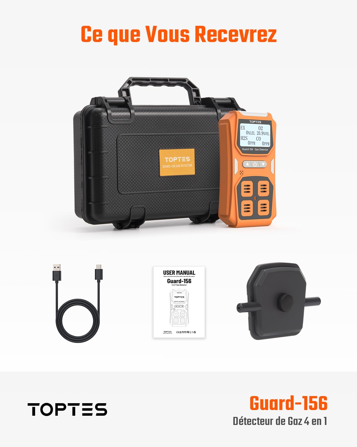 TopTes Guard-156 Détecteur 4 en 1 pour H2S, CO, Lie et O2, Triple Alarme (visuel, Vibration, sonore), réponse Rapide 0,5 s, Design Pratique et Anti-poussière pour sécurité au Travail et à Domicile