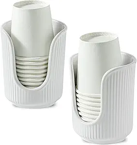 Ceramic Bathroom Cup Dispenser with Stylish Vertical Stripes - Disposable Mouthwash Cup Holder Holds 3-4oz Paper Cups for Rinsing Cups on Bathroom Vanity Countertops (White-White-2 Pack)