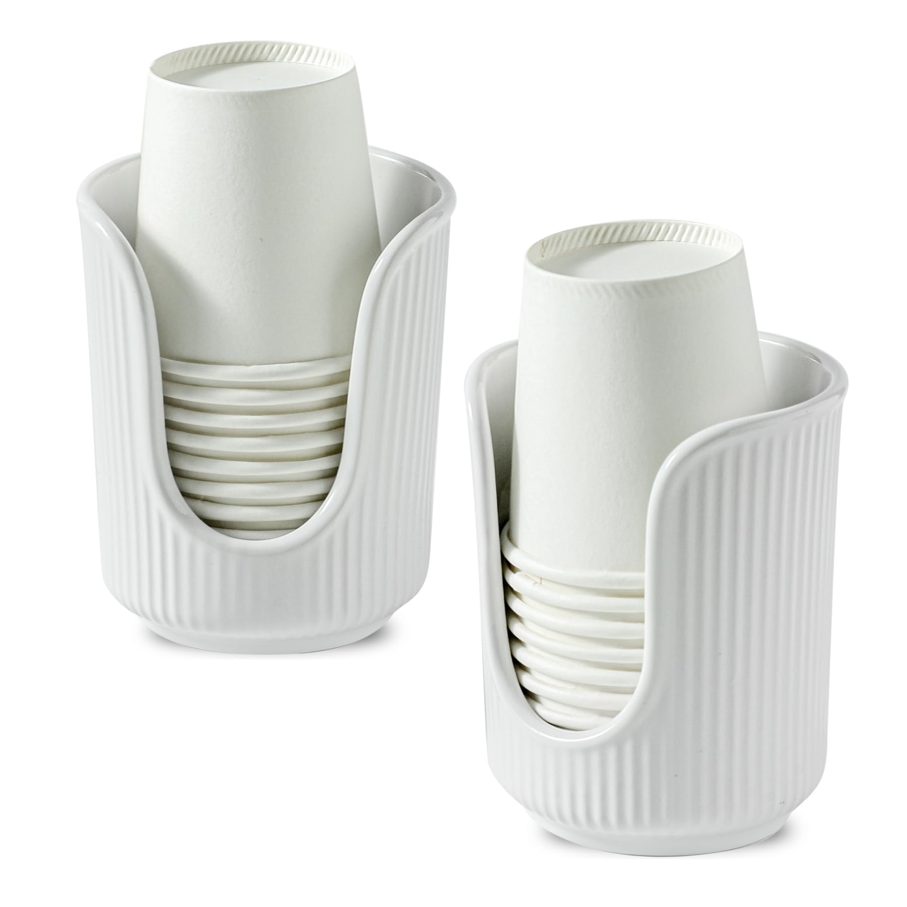 Ceramic Bathroom Cup Dispenser with Stylish Vertical Stripes - Disposable Mouthwash Cup Holder Holds 3-4oz Paper Cups for Rinsing Cups on Bathroom Vanity Countertops (White-White-2 Pack)
