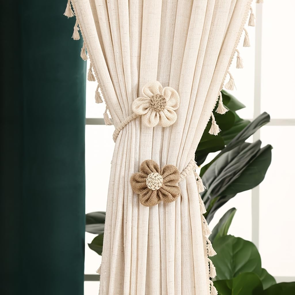 MAKNGRID Decor Window Flower Holdback Floral Elegant Macrame Two Decor Curtain - | 2pc Design, Tieback with | Khaki Tie-Back Accessory, Home Classic Detail Jute Beige for Flower Drapery, Knobs-image-8